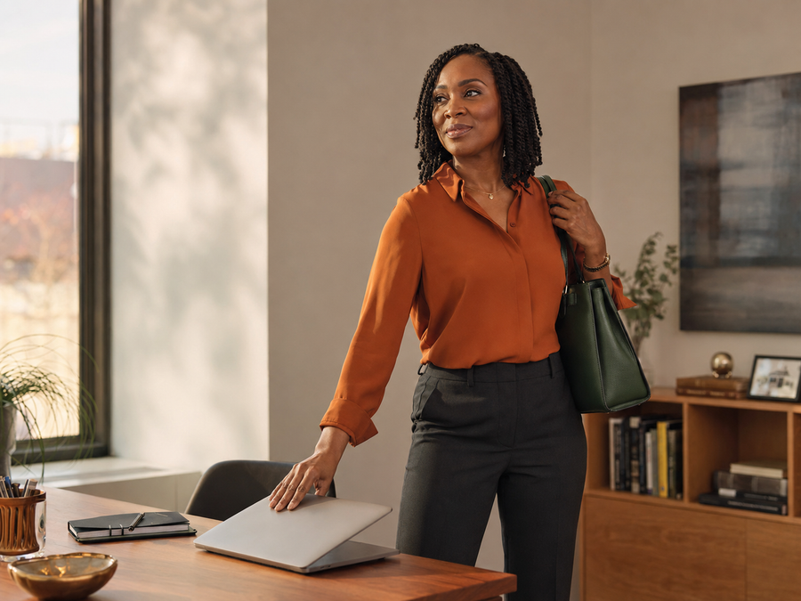 Black woman calmly ending her workday and honoring her boundary