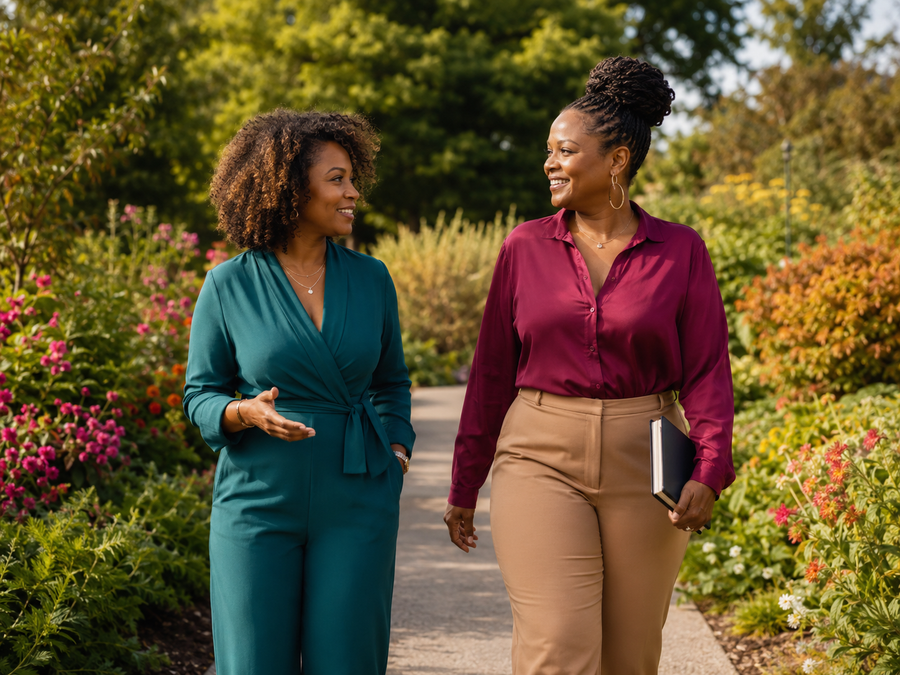 Two Black women moving forward together through coaching