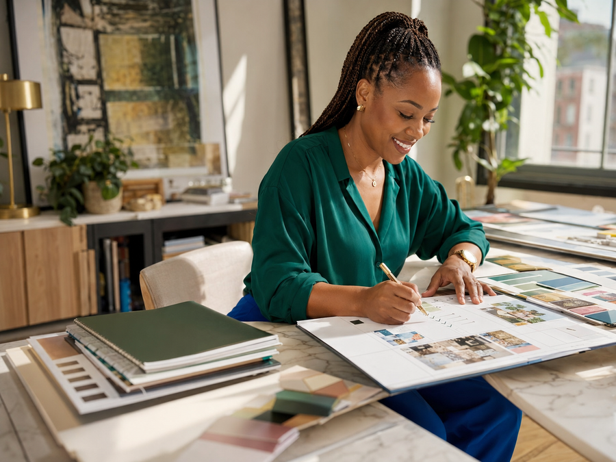 Focused Black woman building her vision in a creative studio