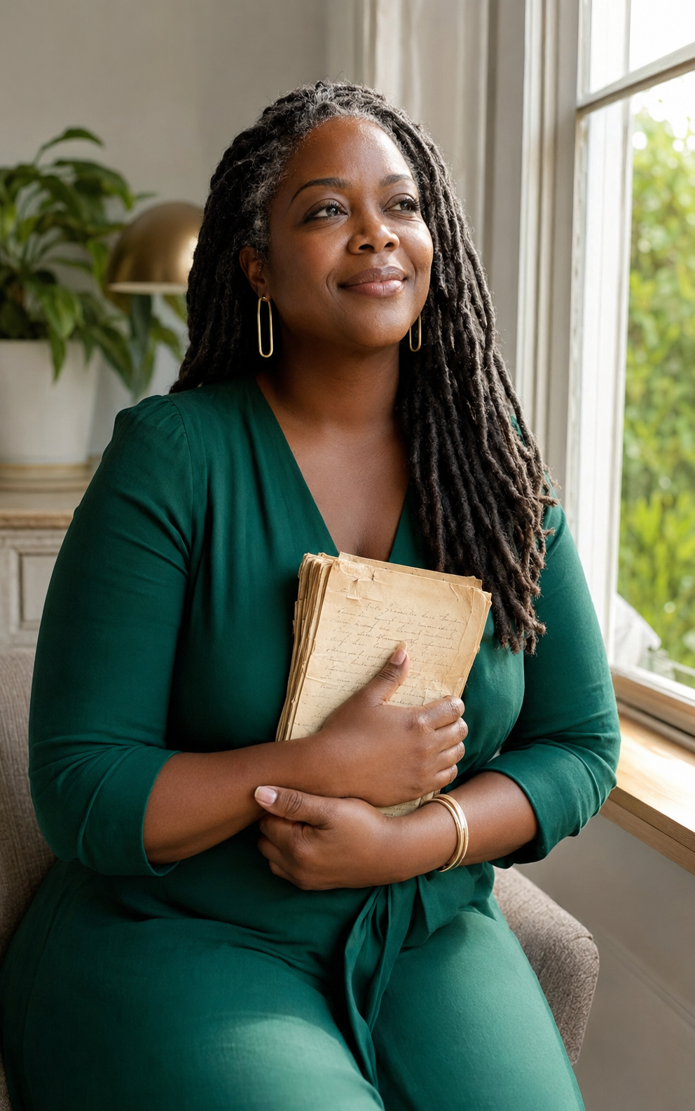 Black woman honoring her journey with a peaceful smile