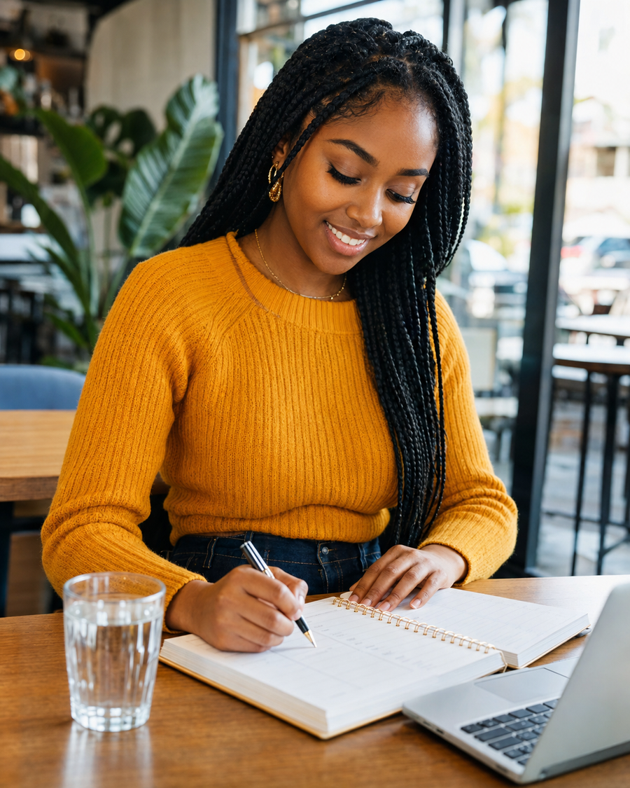Young Black woman planning her goals in a bright cafe