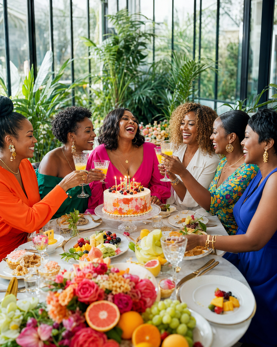 Black women celebrating together at a vibrant brunch