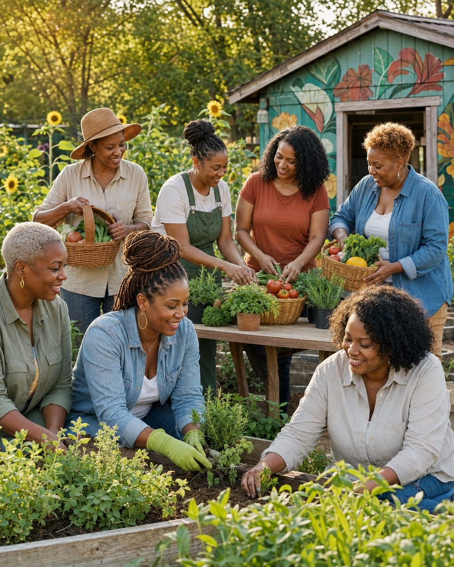 Black women working together in a vibrant community garden