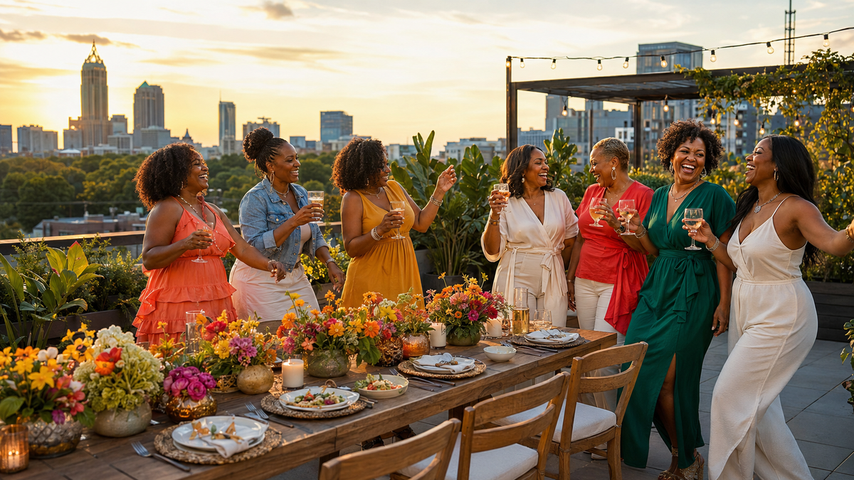 Black women laughing and celebrating together at a rooftop dinner