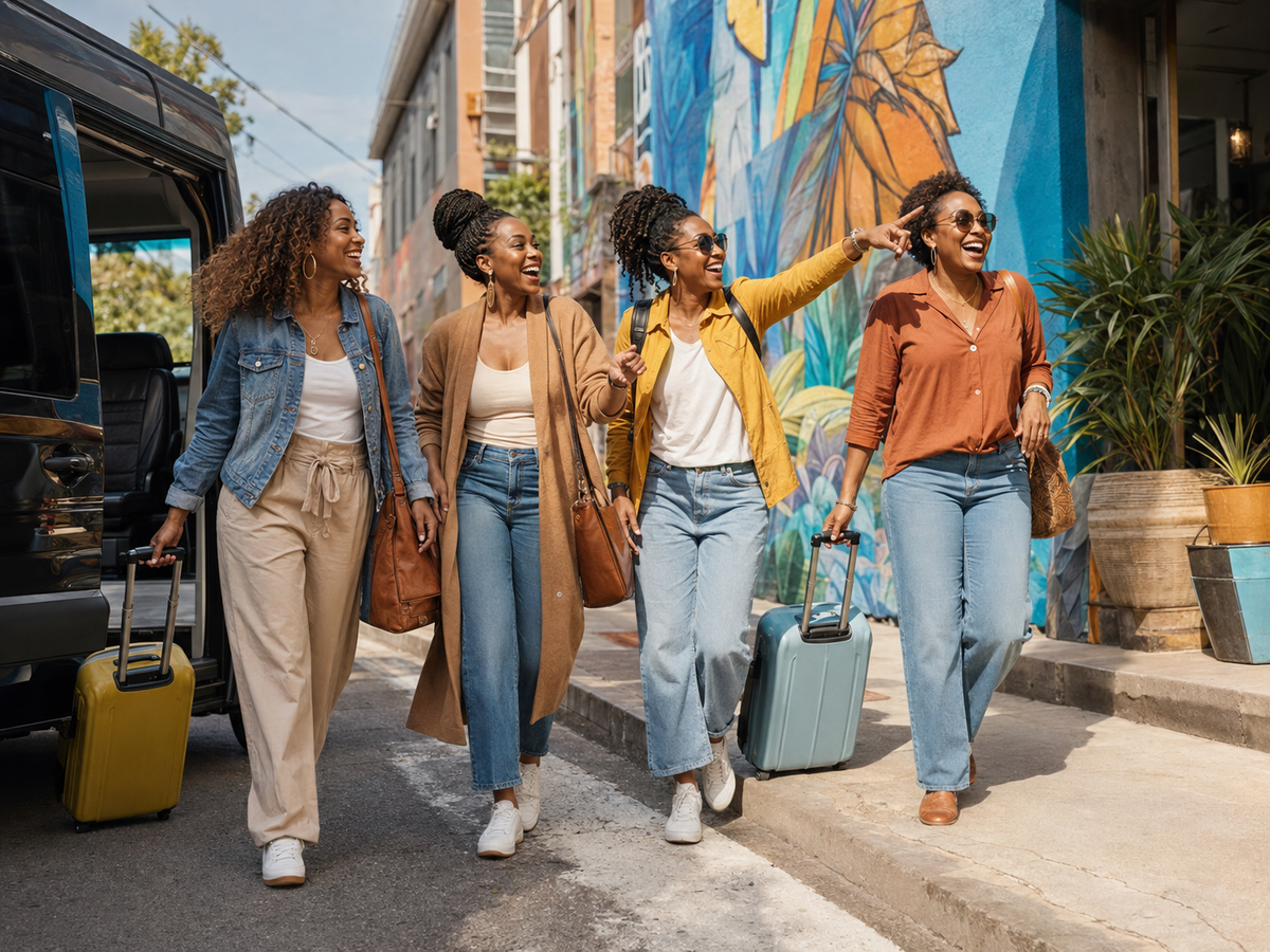 Four Black women arriving together for a colorful weekend experience