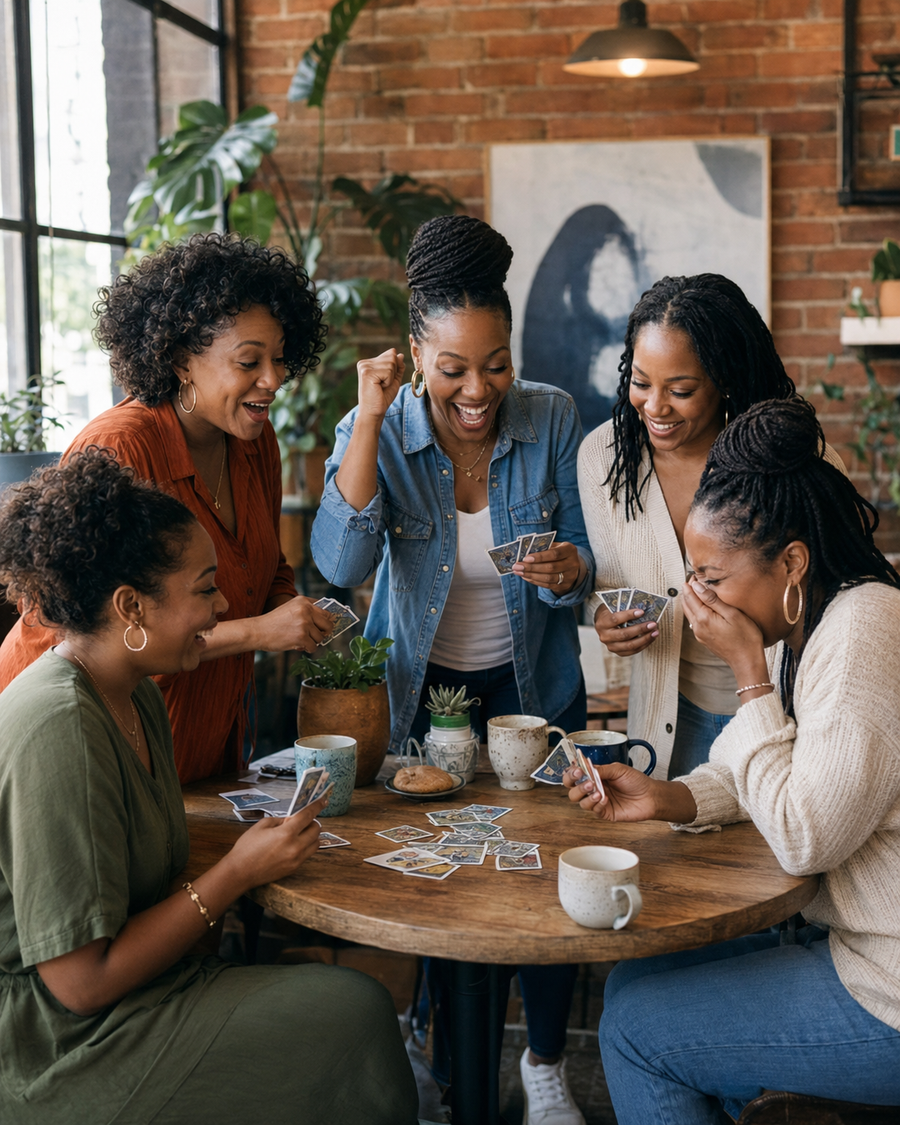 Black women laughing together during a lively card game meetup