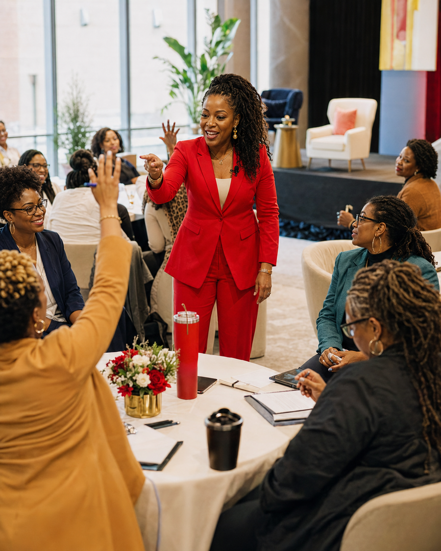 Black woman leading an energetic interactive workshop