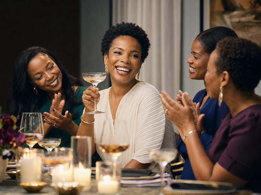 Black women celebrating one another at dinner