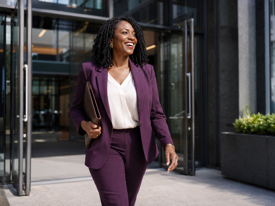 Confident Black woman walking forward in a plum suit