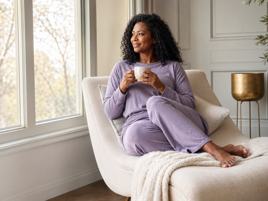 Black woman resting peacefully with tea