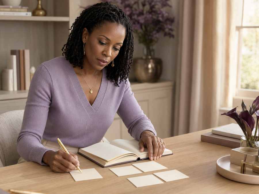Black woman identifying her experiences through journal reflection cards