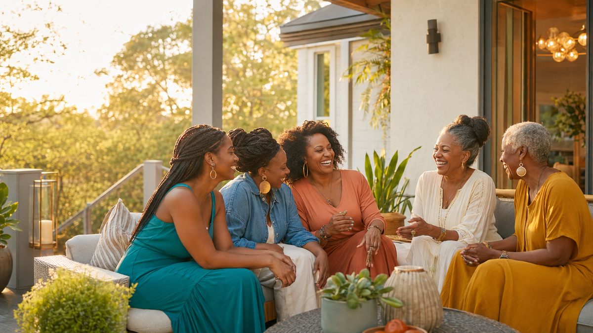 Black women across generations sharing stories on a welcoming porch