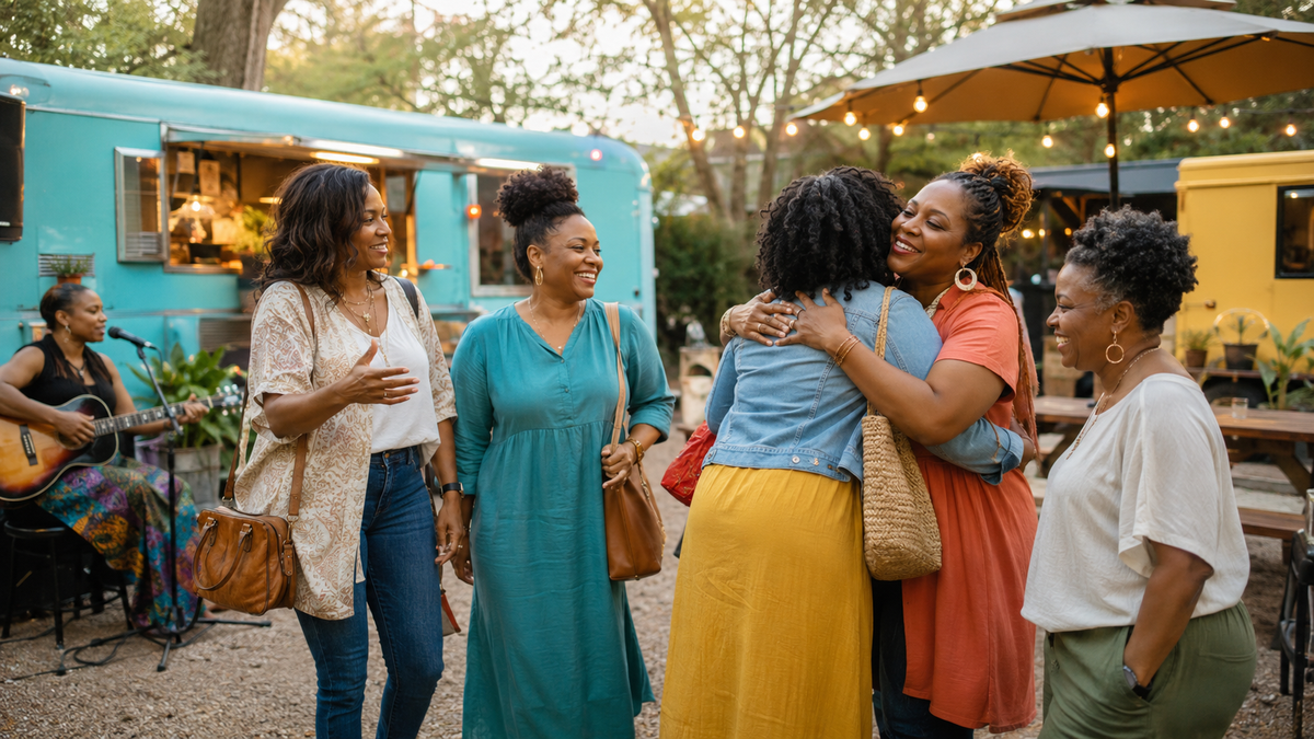 Women gathering at a lively outdoor MoHERvation meetup