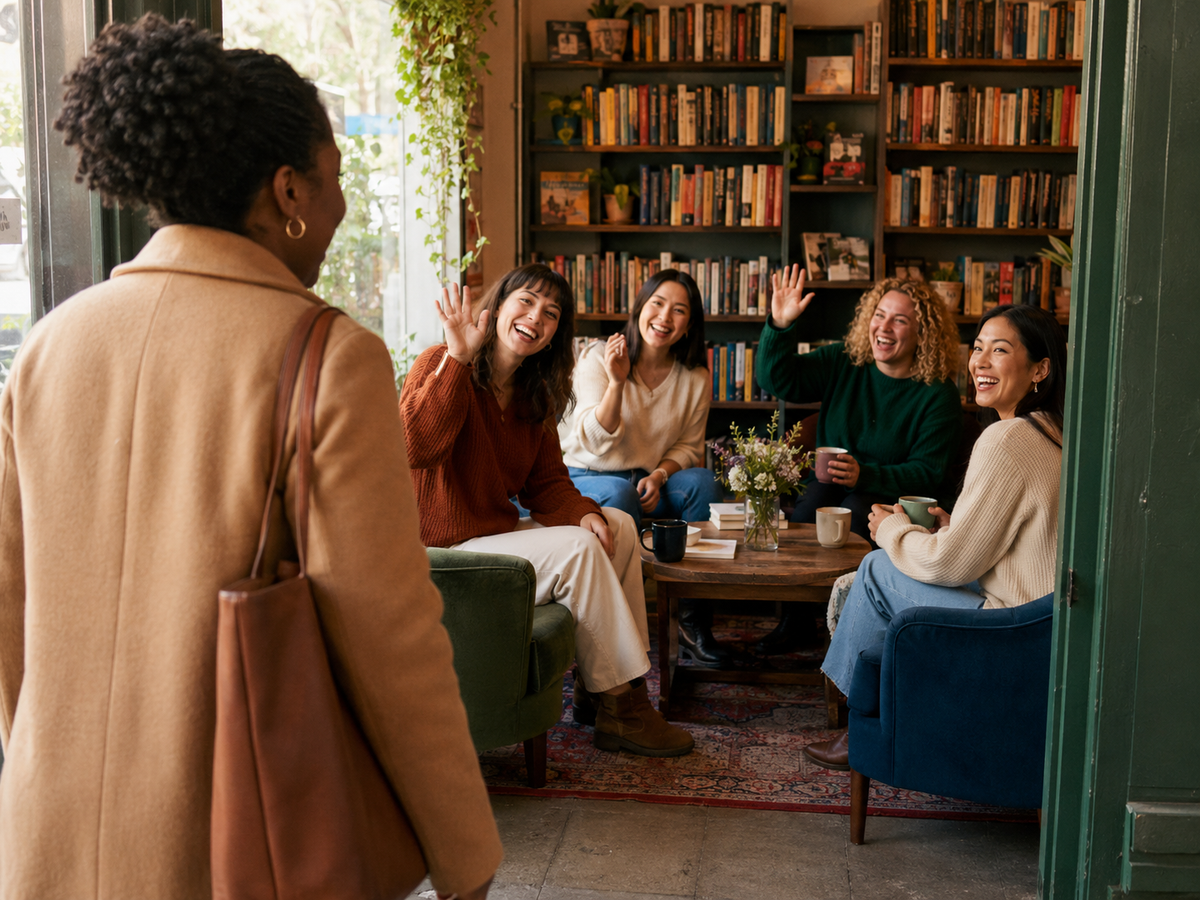 Women warmly welcoming a new guest to a bookstore meetup