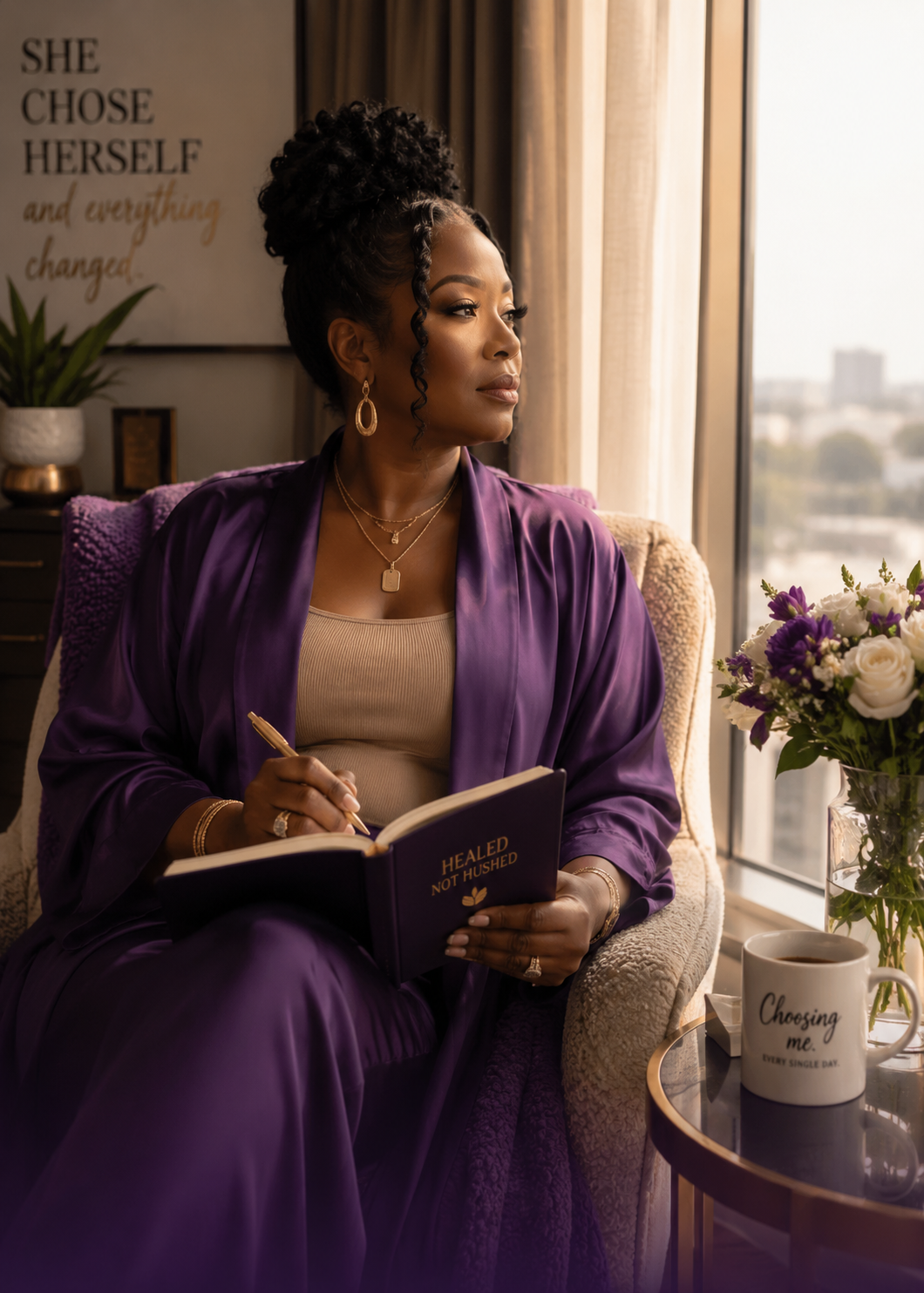 Woman in purple writing in a journal beside a sunlit window